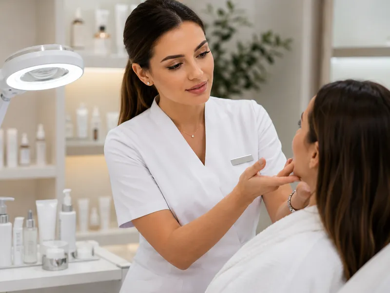 Practitioner assessing a patient's skin before acne treatment.